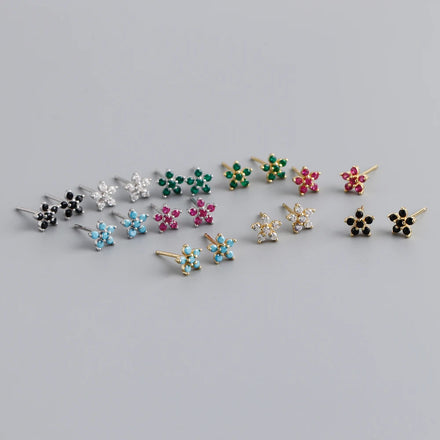 Fashion 925 Silver Minimalist Cute Flower Shape Gold Plated Green Black Stones Stud Earring Women Jewelry
