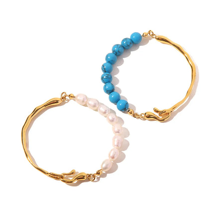 New Blue Turquoise Bracelet Retro Natural Pearl 18k Gold Stainless Steel Bracelet Women