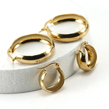 Vintage Waterproof Titanium Stainless Steel 18k Gold Plated Geometric Blank Flat Wide Edge Hoop Earring Jewelry