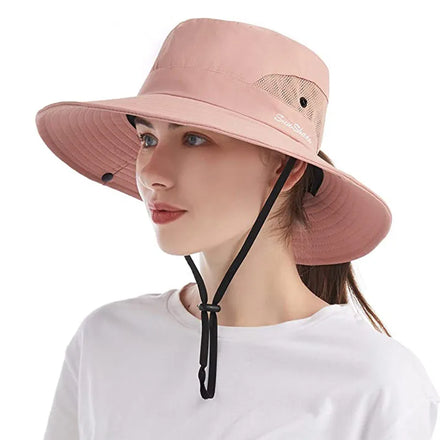 Women's UV Protection Sun Hat Wide Brim Bucket Hat Windproof Fishing Hats with Ponytail Hole