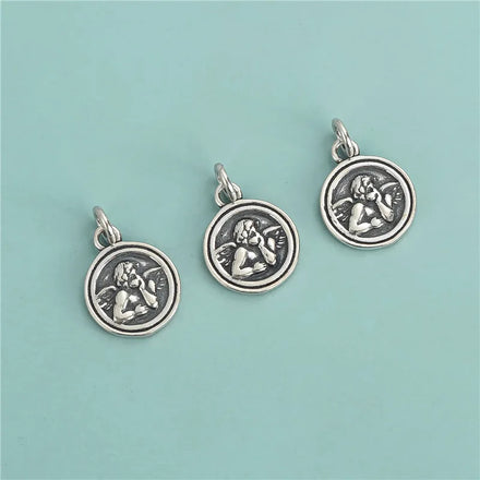 Vintage 925 Sterling Silver Angel Round Pendant Antique Silver Coin Angel Charms for DIY Bracelet Necklace Jewelry Making