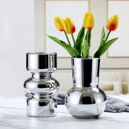 Nordic Modern Minimalism Home Decoration Small Hand Blown Electroplated Irregular Silver Color Glass Table Vase for Living Room