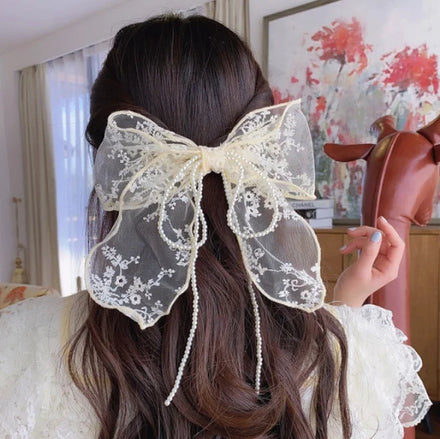 Lace Bow Hair Clip Pearl Tassel Vintage Spring Hair Clips for Women Girls Hair Accessories