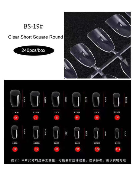 Custom Logo Wholesale 240pcs Per Box Short Coffin Almond Square Full Cover Matt Clear Soft Gel Nail Tips