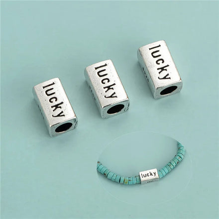 9.8*6mm 925 Sterling Silver Antique Silver Lucky Alphabet Rectangle Tube Spacer Beads for Diy Bracelets Jewelry Making