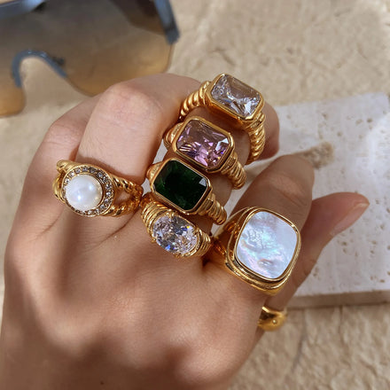 New Fashion Stainless Steel 18K Gold Plated Inlay Trendy Zircon Geometric Wedding Ring for Women & Men Gift