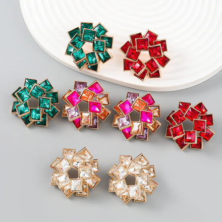 2025 New Arrival Fashion Accessories Color Diamond Multi Layer Square Rhinestone Windmill Shaped Alloy Diamond Earrings Women