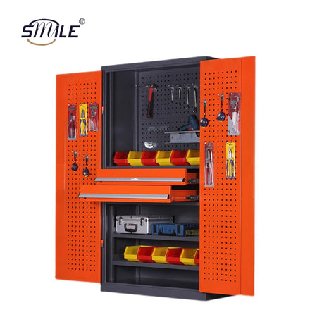 SMILE Workshop Steel Tool Cabinet 2 Swing Doors 2 Drawers 3 Layers Spray Painted Key Lock Garage Storage