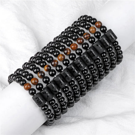 12 Zodiac Signs Charm Beads Bracelet Black Glass Bead Natural Tiger Eye Stretch Bracelet for Mens Jewelry