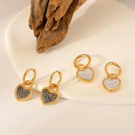 French Style Gold Plated Stainless Steel Crystal Heart Earrings Titanium Steel Micro Pave Zirconia Heart Drop Earring
