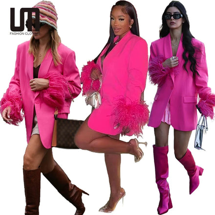 Hot Selling Winter Women Casual New Feather Decoration Straight Office Fashion Chic Jacket Coat
