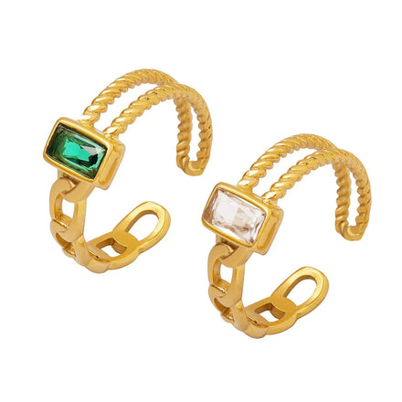 Joolim Jewelry Wholesale 18K Gold Plated Double-layer Rope Green Zirconia Open Stainless Steel Rings for Women Rings