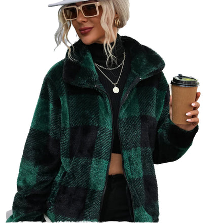 Fashion Winter Warm Coat for Women Wool Autumn Thick Fur Plaid Printed Jacket Plus Size Casual Coat