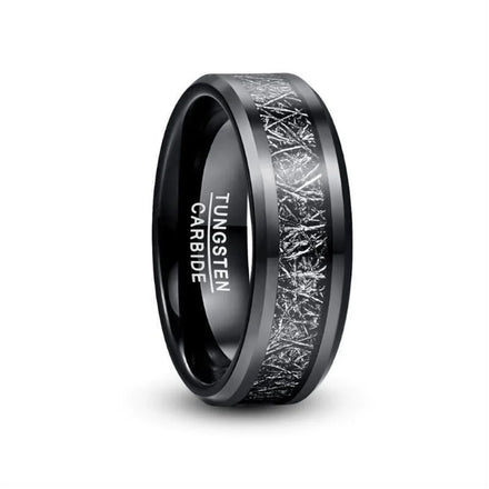 POYA Wholesale Meteorite Inlay Tungsten Ring 8mm Flat Beveled Edge Mens Wedding Band