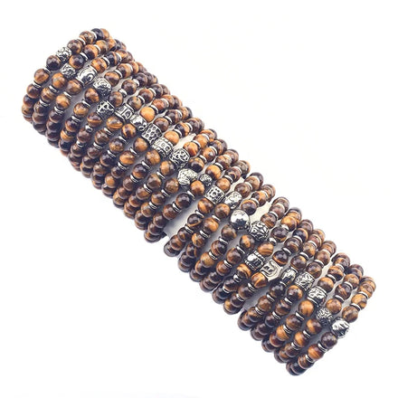 Silver Stainless Steel Charms Mens Jewelry Natural Gemstone Tiger Eye Stone Beads Bracelet for Men and Women