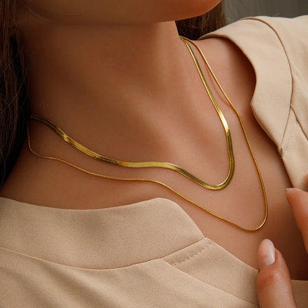 YF3133 Waterproof 18K Gold Plated Stainless Steel Double Layer Flat Snake Chain Choker Necklace Dainty Jewelry for Women