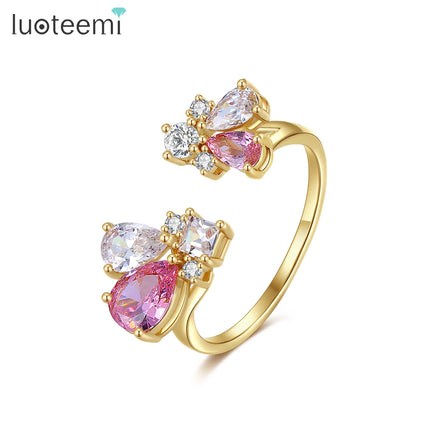 LUOTEEMI Adjustable Jewelry Pink Gold Plated Flower Copper Alloy Brass Zircon Luxury New Statement for Woman Cluster Ring