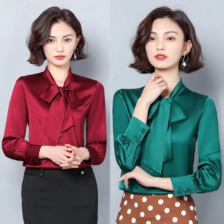 Women Satin Blouses Luxury Pure Silk Bow Tie Neck Tunic Tops Formal Office Work Shirt Designer Blouse