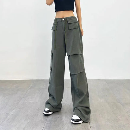 Women Girls High-waisted Versatile Casual Street Drawstring Loose Wide Leg Pocket Cargo Pants