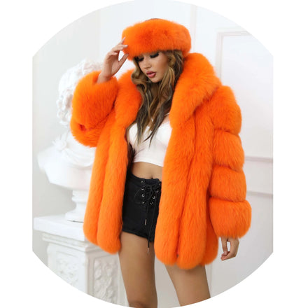 Classic Winter Thick Fox Fur Coat Matching Headband Wholesale Real Fluffy Fox Fur Coat