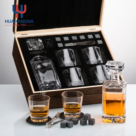 5 Pack Whiskey Decanter Gift Box Custom Etched Whisky Decanter Set With 4 Whiskey Tumbler Glasses and 8 Stones in Wooden Box