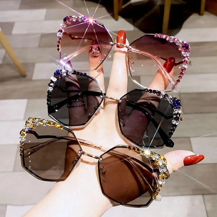 Vintage Korean Diamond Sunglasses Women Anti-uv Eye Wear Face Shades Oversized Sunglasses