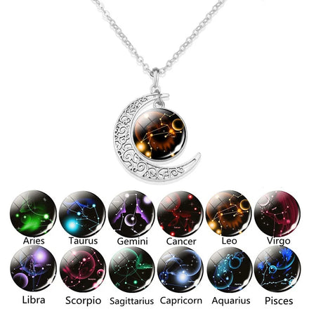 Zodiac Trendy Silver Plated Unisex Necklaces Jewelry Birthday Gifts Astrology 12 Horoscope Sign Luminous Galaxy Crescent Moon