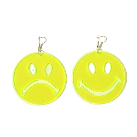 Fashion Creative Cry Face Hiphop Neon Smiling Face Acrylic Accessories Fluorescent Yellow Trendy Drop Earrings for Women Girls