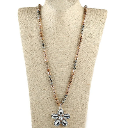 New Style Women Bohemian Jewelry 6mm Amazonite Natural Stone Crystal Glass Necklace Alloy Crystal Flower Pendant Necklace
