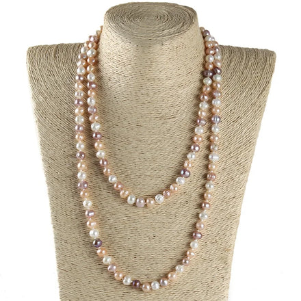 Fashion Long Knotted Pearl Jewelry Handmade Necklace Color Irregular 7-8mm 120cm Double Wrap Freshwater Pearl Necklace