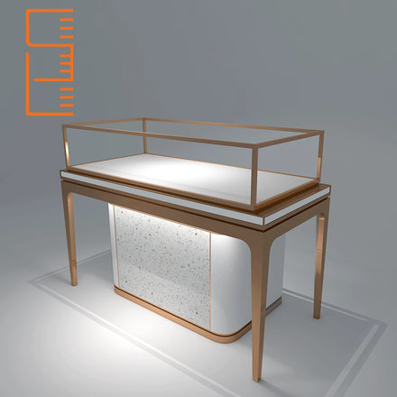 Custom Logo Wooden Hand Lighted Stainless Steel Blue White Jewelry Display Table Stand Luxury Cases