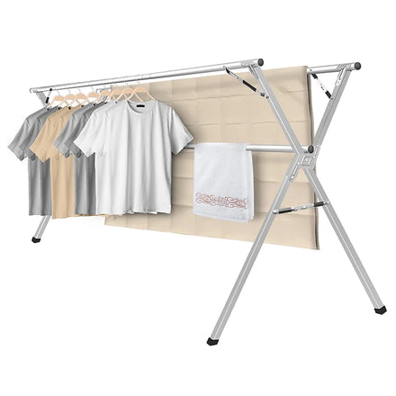 X Type 59-Inch Collapsible Stainless Steel Heavy Duty Clothing Drying Rack with Windproof Hook for Outdoor and Bathroom Use