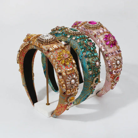 Thick Sponge Statement Luxury Hair Hoop Women Hairwear Accessories Colorful Rhinestone Pearl Flower Headband