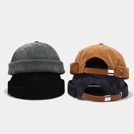 Autumn Winter Casual Short Brim Thread Adult Men Elastic Unisex Solid Color Custom Hip Hop Men Corduroy Melon Beanie Skull Cap