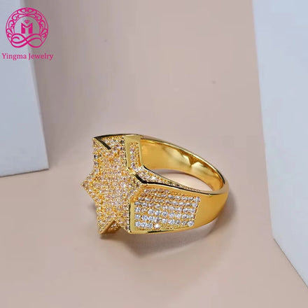 Custom Made Jewellery High End Luxury 14K Real Yellow Gold Iced Out Moissanite Hip Hop Star Ring for Men Wedding Engagement