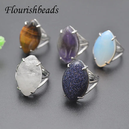Rhodium Plated Natural Gemstone Amethyst Crystal Tiger Eye Horse Eye Shape Stone Adjustable Ring for Women Men