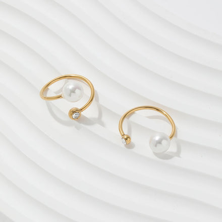 Joolim Jewelry Wholesale 18K PVD Gold Plated Dainty Pearl CZ Stone Adjustable Stainless Steel Rings for Women