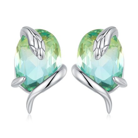 Wholesale Original Design 925 Sterling Silver Snake Stud Earrings Gradient Green Transparent Glass Earrings for Women BSE731