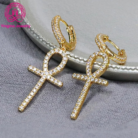 Elegant Moissanite Hoop Earrings D Color VVS1 Clarify Hip Hop Circle Earrings 14K Yellow Gold Moissanite Earrings with Cross