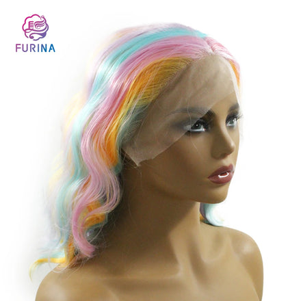 Latest BOB Short Lace Front Wig 16inch Short Silky Wavy rainbow Colorful 13*3 Synthetic Lace Front Wigs