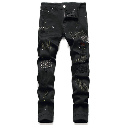 Men Ripped Hole Printed Jeans Fashion Raw Cut Edge Mens Stacked Jeans Rivet Designer Jeans