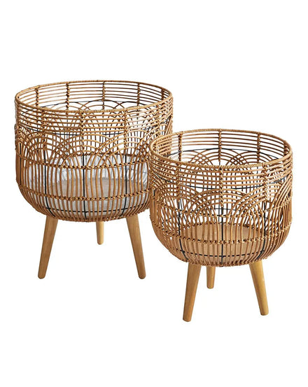 Rattan Woven Basket Plant Stand with Wooden Legs Bohemian Floor Flower Pot Holder Indoor Outdoor Home Garden Decor 3 Sizes