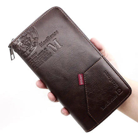 MENBENSE Vintage New Antique PU Leather Long Section Zipper Wallets for Men With Handle StrapMale Phone Bag Card Holder Case