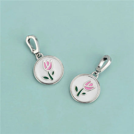 Dainty 925 Sterling Silver Oil Drip Enamel Round Charm Round Tulip Flower Pendant for Necklace Bracelet Jewelry Supplies