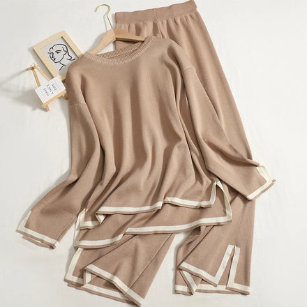 Wholesale 2026 Autumn Fashion New Temperament Contrast Split Long Sleeve Knitwear High Waist Slim Wide Leg Pants Women's Set