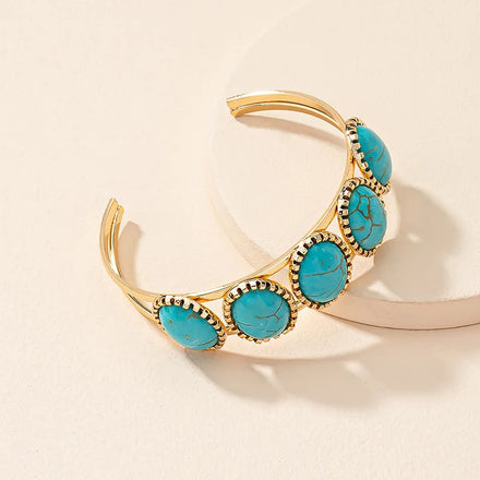 New Design Retro Wide Multi Turquoise Alloy Open Bracelet Girls Fancy Bangles Plastic Gold Plated