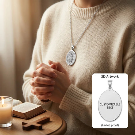 Yiwu Aceon Exclusive Stainless Steel Oval Medal Gold Plated Virgin Mary Pray for Us for Miraculous Pendant with Zircon Main Ston