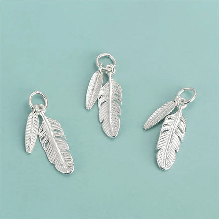 Dainty 925 Sterling Silver Beautiful Double Feather Pendant Charm for Diy Bracelet Necklaces Jewelry Making