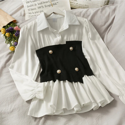 Wholesale French Minority Color Contrast Splicing Double Breasted Waist Shirt Women 2026 New Slim Long Sleeve Bottomed Shirt
