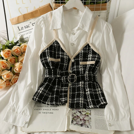 Wholesale 2026 Vintage Color Contrast Stitching Tweed False Two Piece Blouse Women's Autumn High Waist Lace Fitting Lapel Shirt